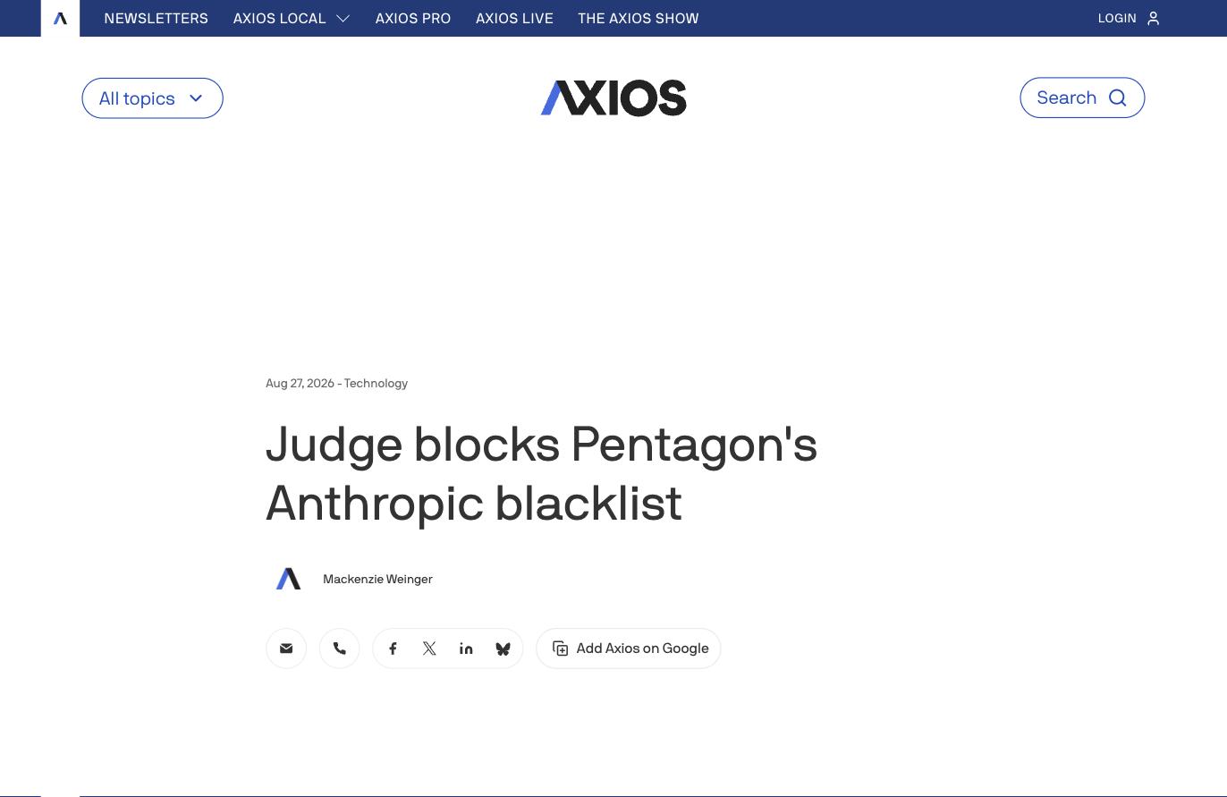 앤트로픽 펜타곤 블랙리스트 판결을 보도한 Axios 기사 화면