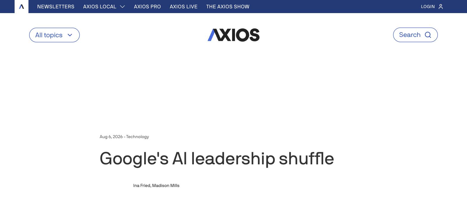 딥마인드 리더십 개편 관련 Axios 보도 화면