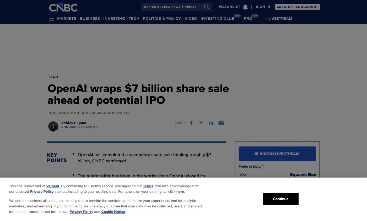 오픈AI IPO 관련 CNBC 뉴스 보도 화면 — 70억 달러 세컨더리 매각 기사