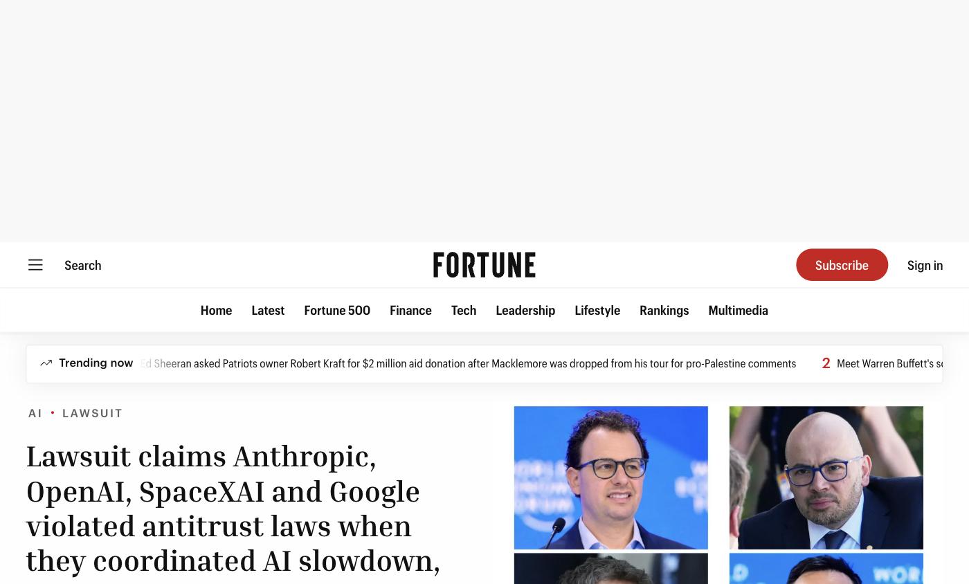 AI 감속 소송 관련 포천(Fortune)의 AP통신발 보도 화면 캡처