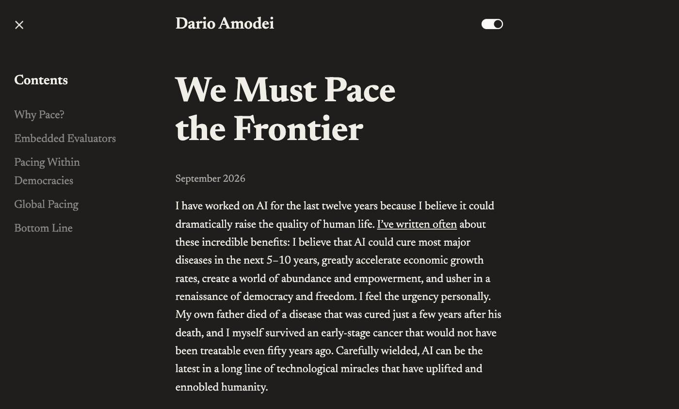 AI 표준화 기구 논의를 촉발한 다리오 아모데이의 We Must Pace the Frontier 에세이 공식 페이지