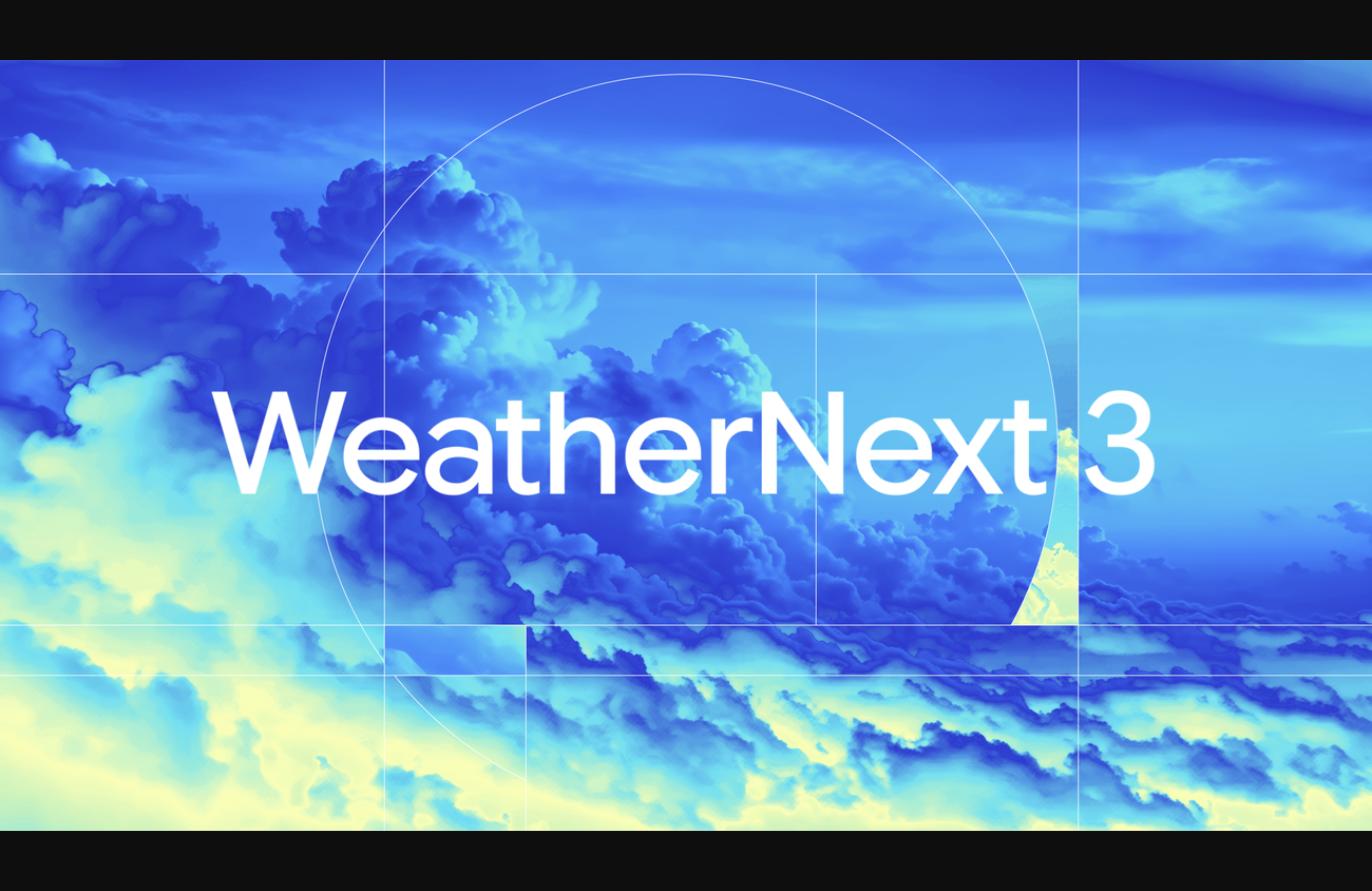 웨더넥스트3 공식 발표 이미지 — 위성 구름 관측 사진 위 WeatherNext 3 타이틀 (출처: Google 공식 블로그, 2026.09.03)